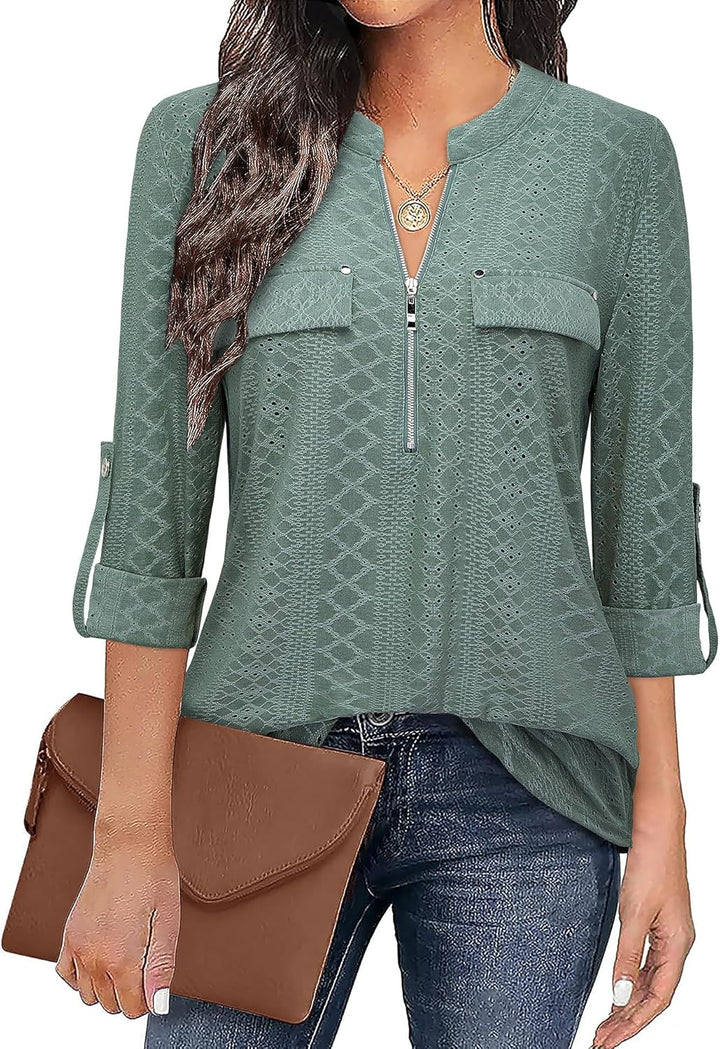 Siddhe Damen V-Ausschnitt Bluse 3/4 Ärmel Tunika Reissverschluss Langshirt Langarm Hemd Tops T-Shirt