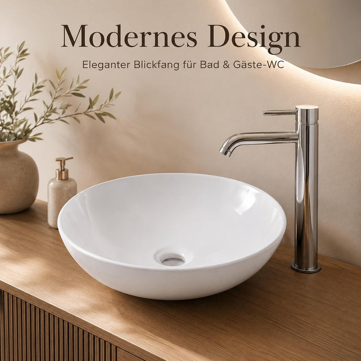 Art-of-Baan® Keramik-Aufsatzwaschbecken I Waschbecken mit Lotus-Effekt I Handwaschbecken Weiss I DIN