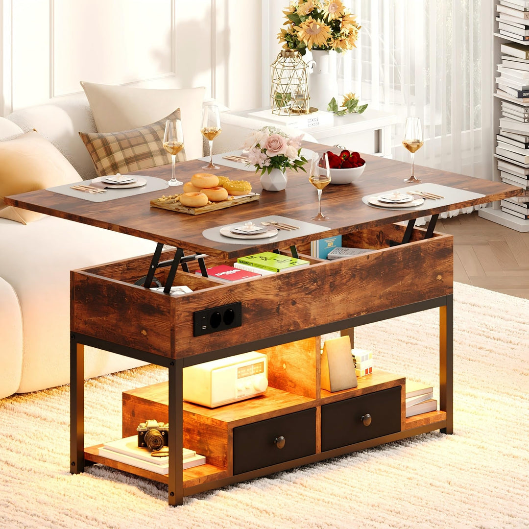 IRONCK Couchtisch Höhenverstellbar, LED Wohnzimmertisch mit Steckdosen, 2AC+USB+USB‑C, Kaffeetisch H