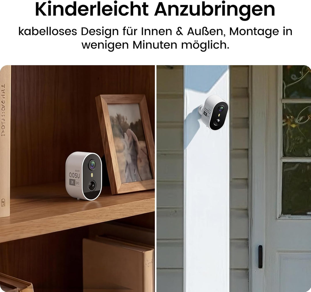 aosu 2K Überwachungskamera Aussen Akku 2er-Kit mit Aosubase 2.0 ohne ABO 32GB Lokal Speicher Kabello