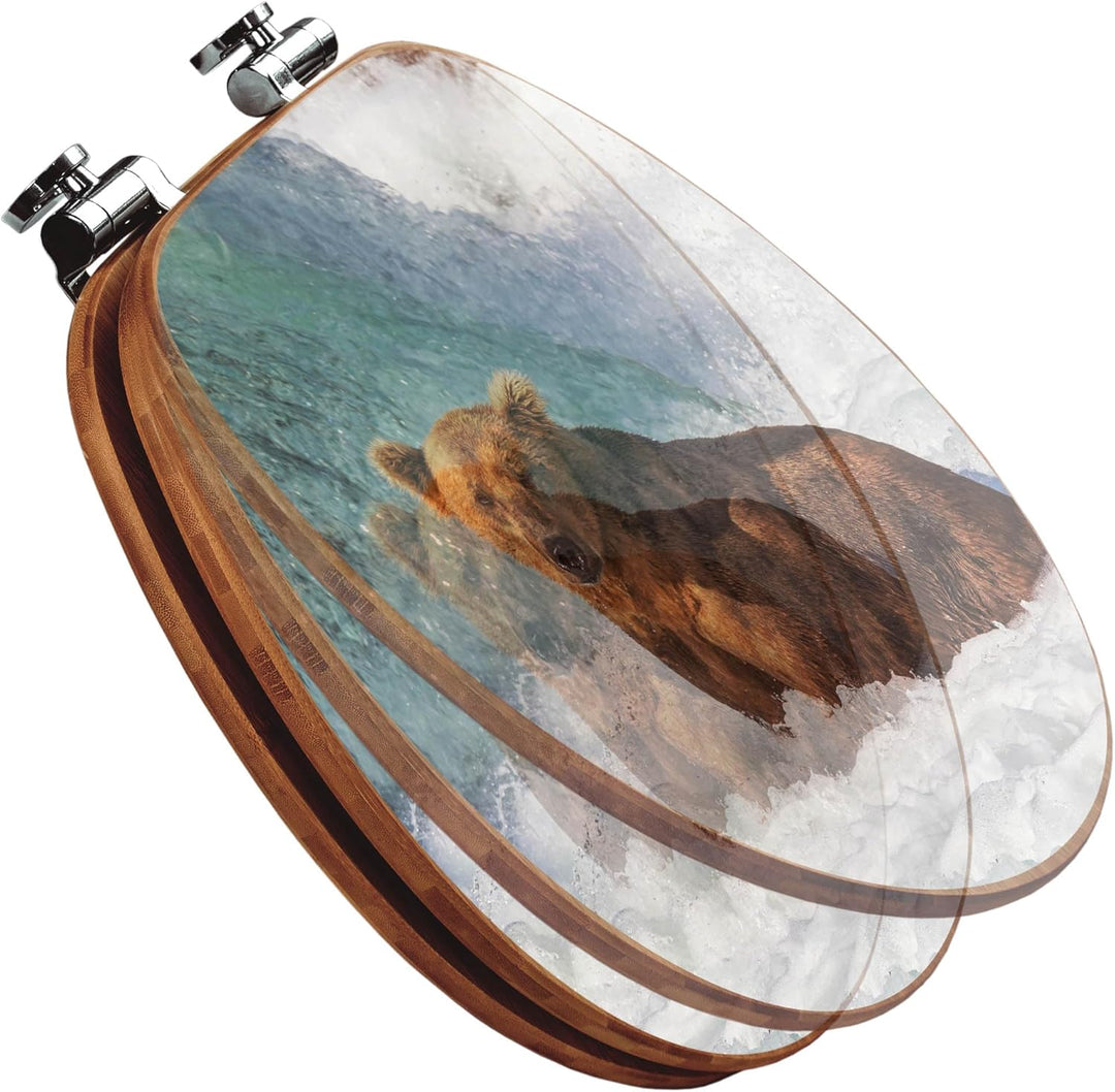 banjado® Design WC Sitz Bambus Absenkautomatik mit Motiv Bär Im Wasser/Toilettendeckel mit Absenkaut