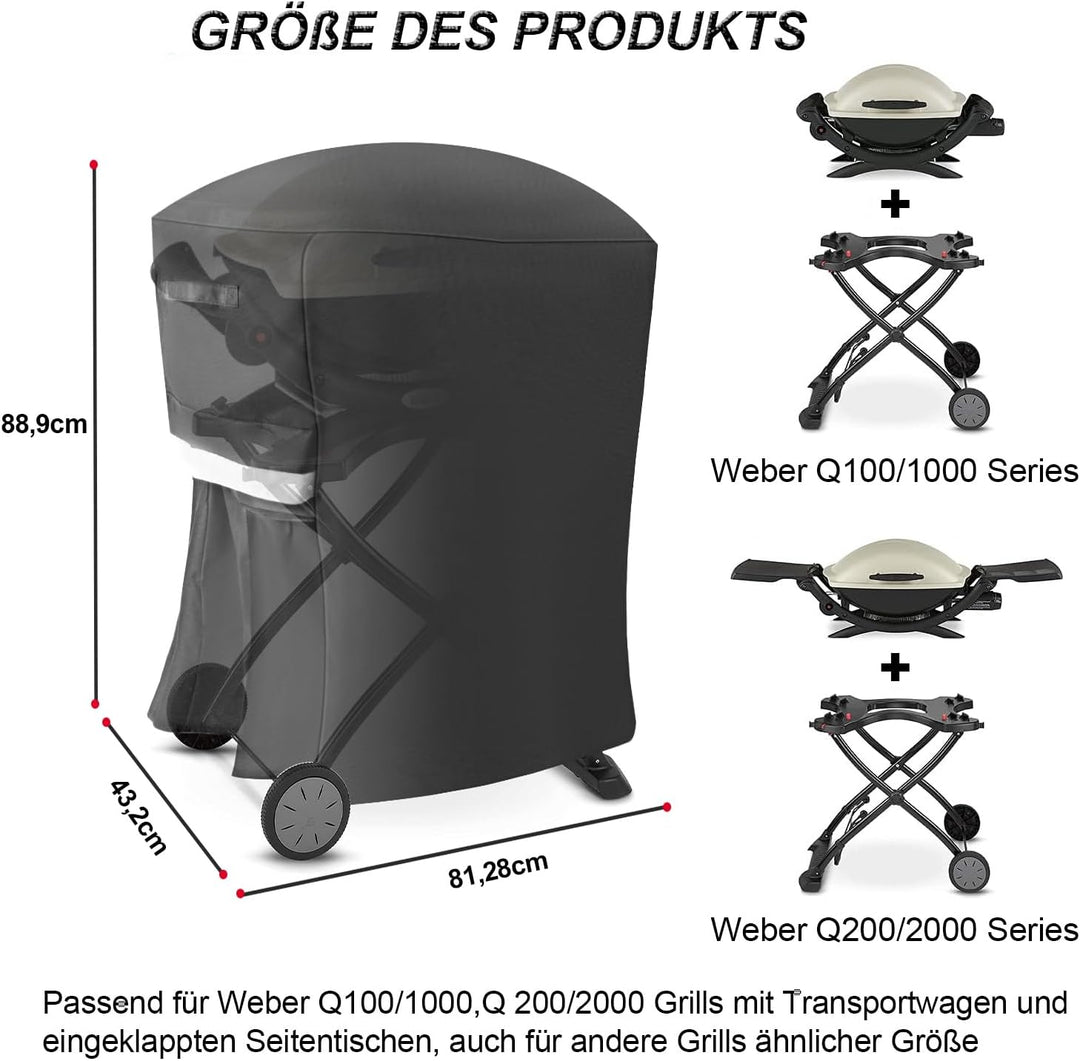 Grillabdeckung für Weber Q100/Q200 Serie auf Wagen, 600D Oxford 7113 Grill Abdeckungen für Weber Q10