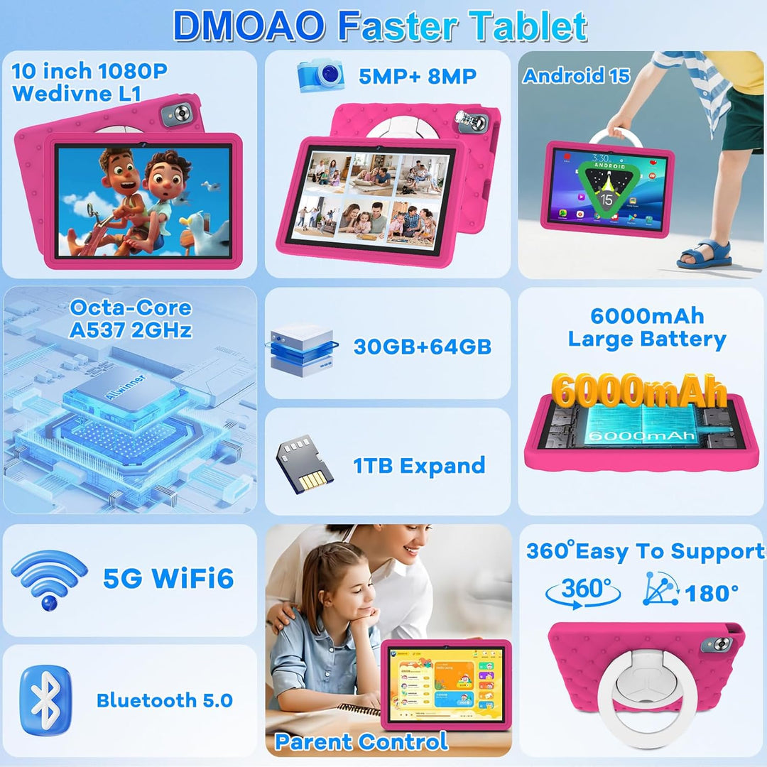 Kinder Tablet 10 Zoll Android 15 mit 30GB RAM + 64GB ROM(2TB), 5G WLAN 6, Widevine L1, Elterliche Ko