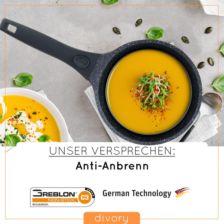 DIVORY Antihaft Kasserolle 18cm - 2L Stielkasserolle mit Deckel - Stieltopf klein - Milchtopf beschi
