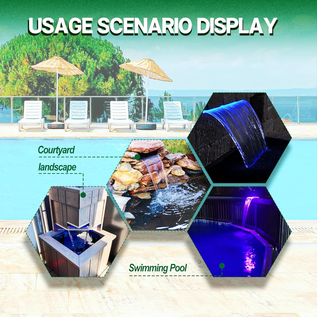 LONGRUN 30cm Teich Wasserfall Set,304 Edelstahl Pool Wasserfall mit RGB LED und Fernbedienung, Breit
