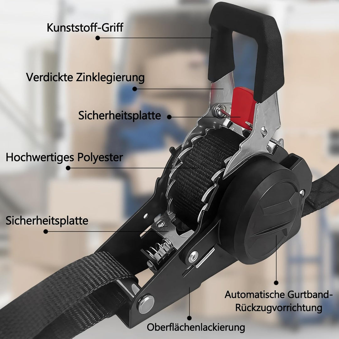 2 Stück Automatik Spanngurte, Selbstaufrollende Ratschengurte 3m x 25mm mit S-Haken, Automatik Spann