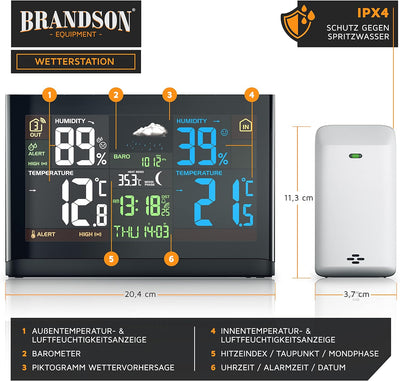 Brandson Funk Wetterstation mit Farbdisplay - mit Aussensensor - DCF Empfangssignal Funkuhr - Innen-