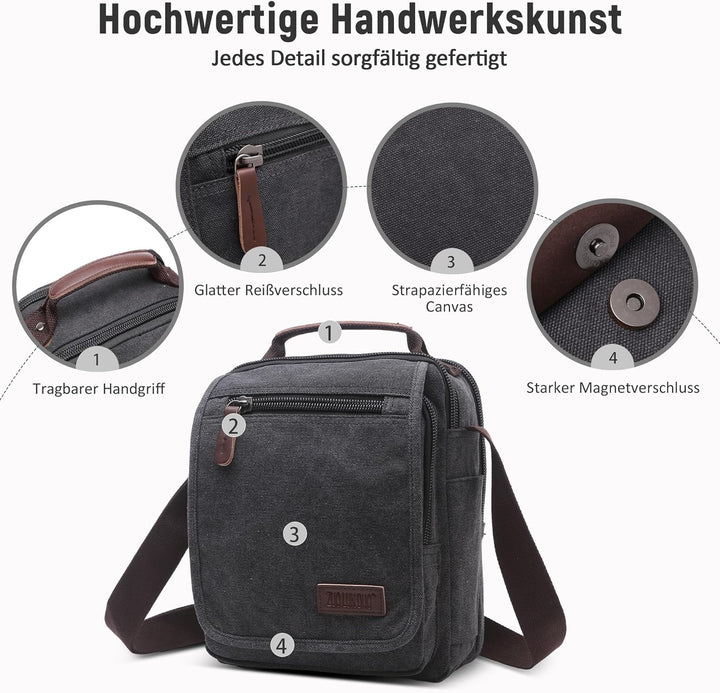 Vintage Herren Umhängetasche Lässig Schultertaschen für 10.9 Zoll iPad mit Griff Mehrere Taschen Mes