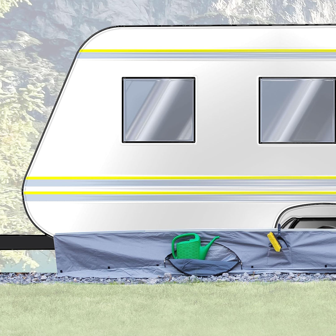 Bodenschürze Wohnwagenschürze 600x50 cm - Grau - mit 2 grossen Aufbewahrungstaschen 95x85x30cm - Win