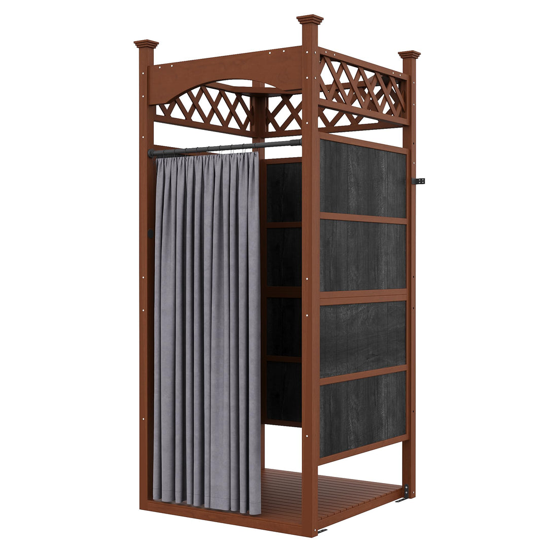 Gartendusche Outdoor Dusche aus Massivholz, Duschkabine & Umkleidekabine mit Duschvorhang & Bodenmat