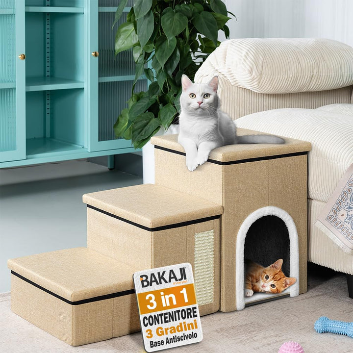 BAKAJI 3-in-1 Klapptreppe für Hunde und Katzen, aus Polyester, Beige, multifunktionale Leiter für St