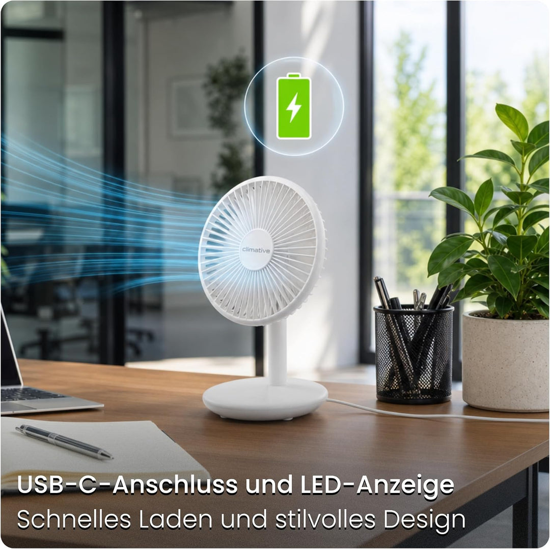 Tischventilator sehr leise - Akku USB Ventilator 4000mAh, Ø 16,5cm, bürstenloser 7-Flügel Mini Lüfte