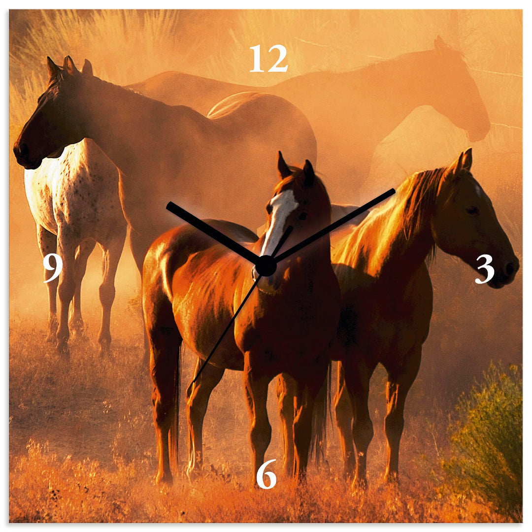 ARTLAND Wanduhr ohne Tickgeräusche Leinwand Funkuhr 30x30 cm Quadratisch Lautlos Pferd Tiere Natur H