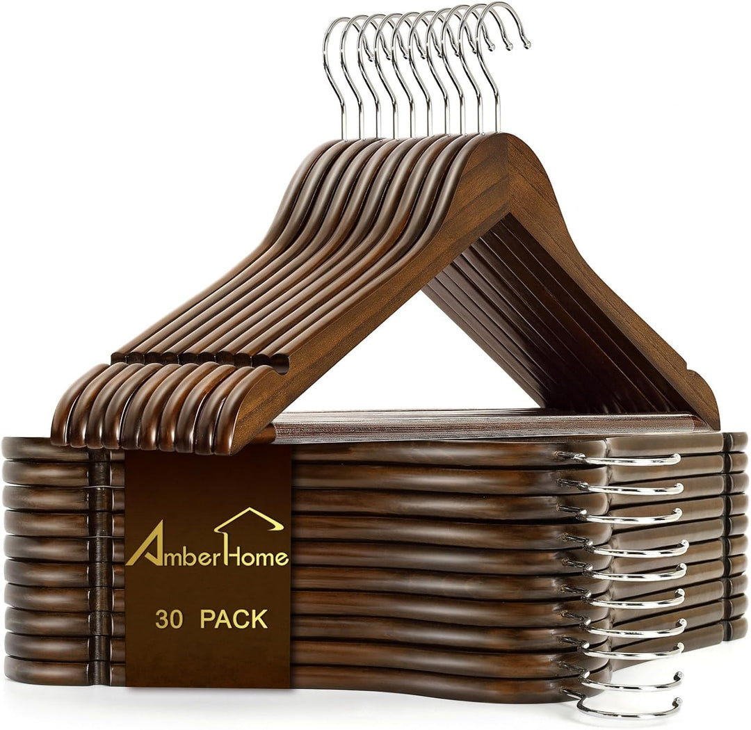 Amber Home 30 Stück 44,5cm Retro Kleiderbügel aus Holz mit Stange und Nut, Antik Braun Aufhänger für
