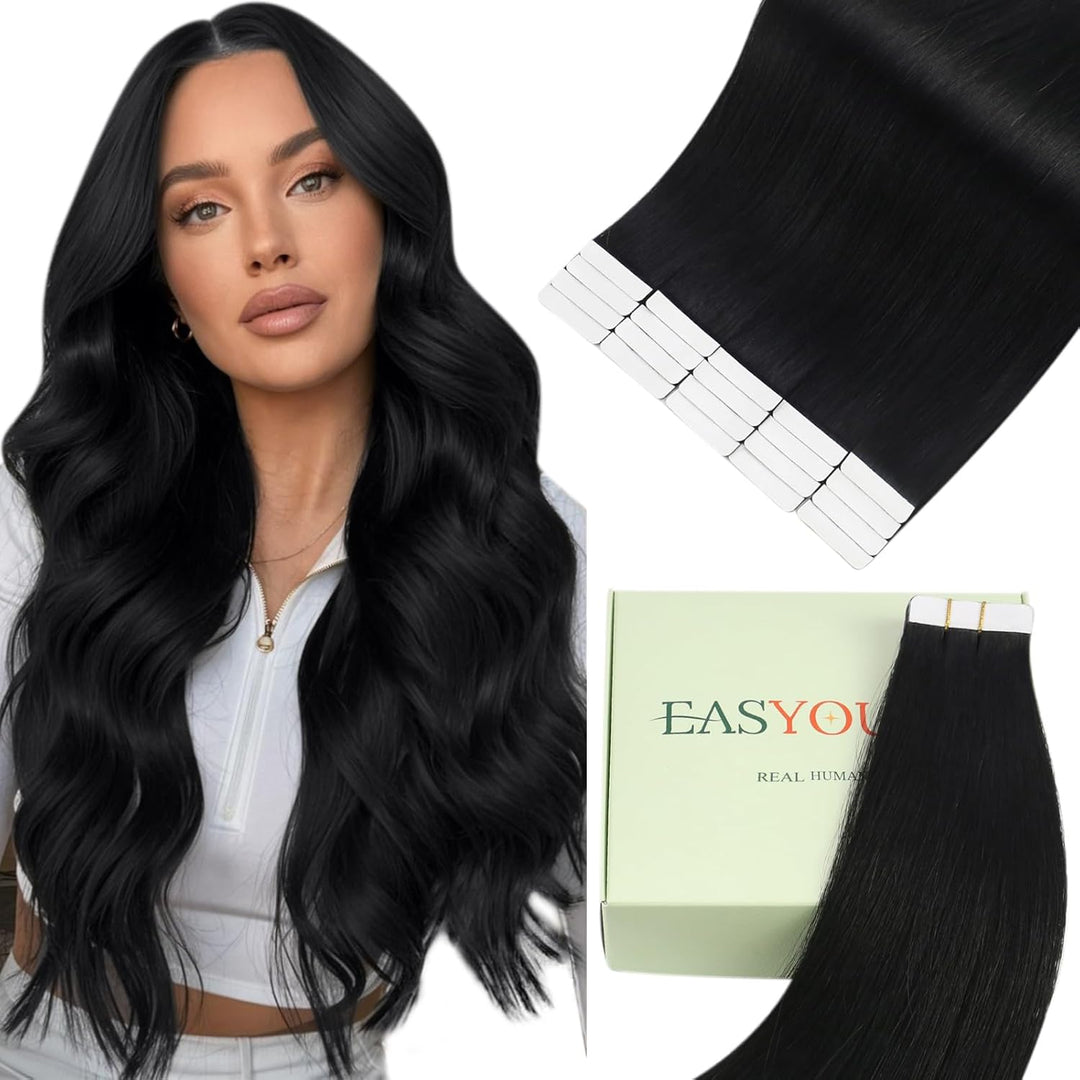 Easyouth Tape on Extensions Echthaar Haar Extensions Tape Echthaar Farbe Pechschwarz 12 Zoll 30g Tap