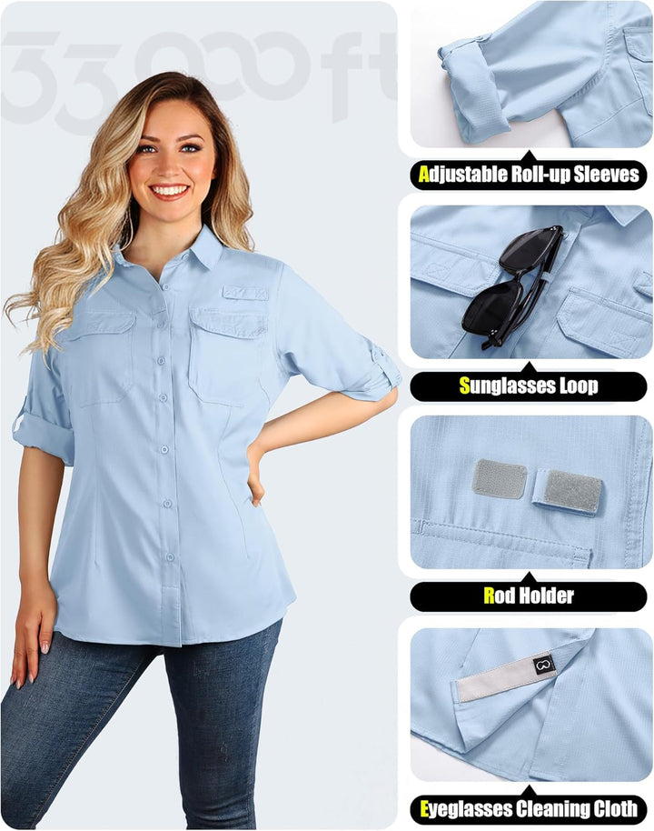33,000ft Hemdbluse Damen UPF50 UV Schutz Hemd Schnelltrocknende Button-Down Shirts Atmungsaktive Wan