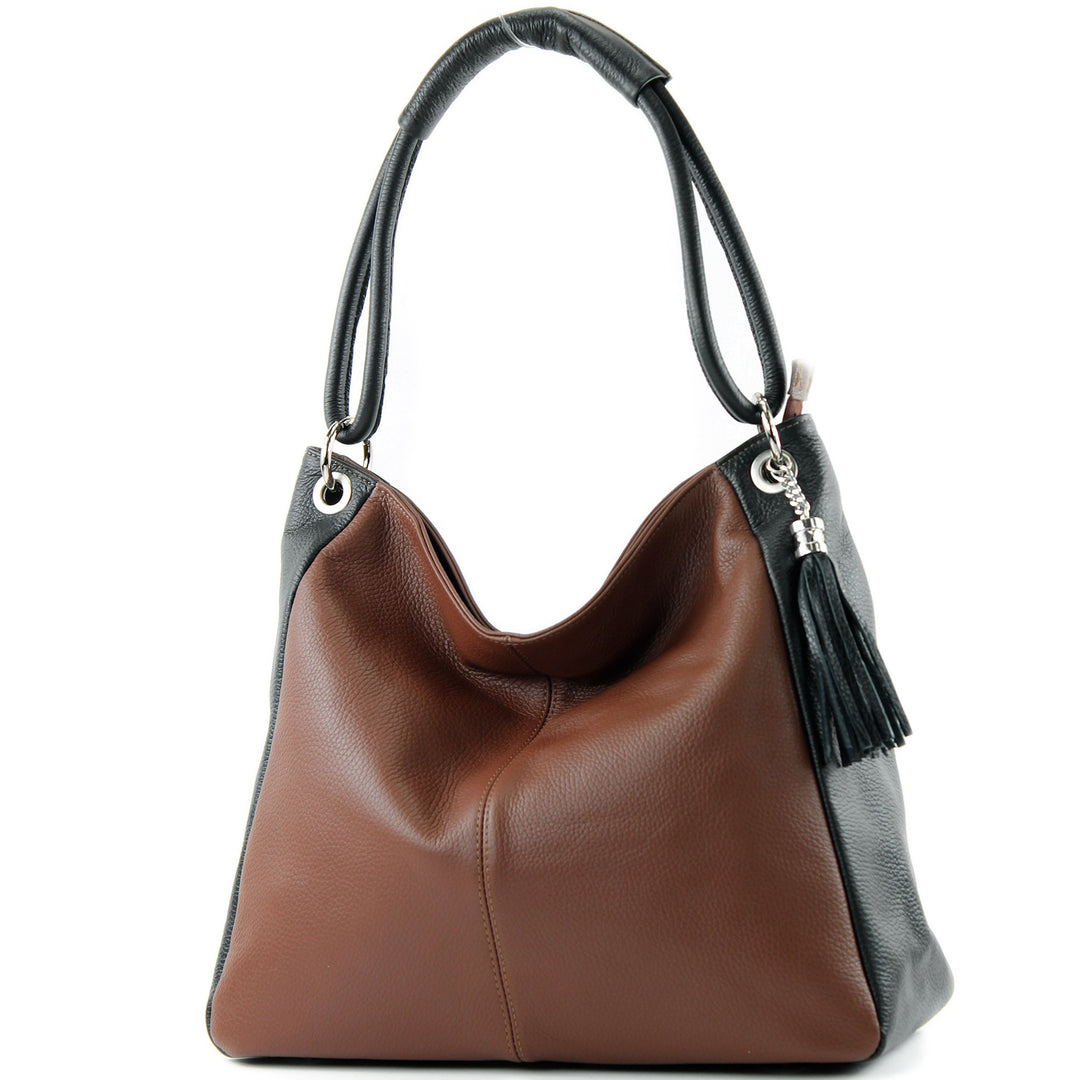 modamoda de - T165 - ital Schultertasche Gross Shopper Leder Braun/Schwarz, Braun/Schwarz