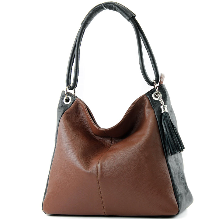 modamoda de - T165 - ital Schultertasche Gross Shopper Leder Braun/Schwarz, Braun/Schwarz