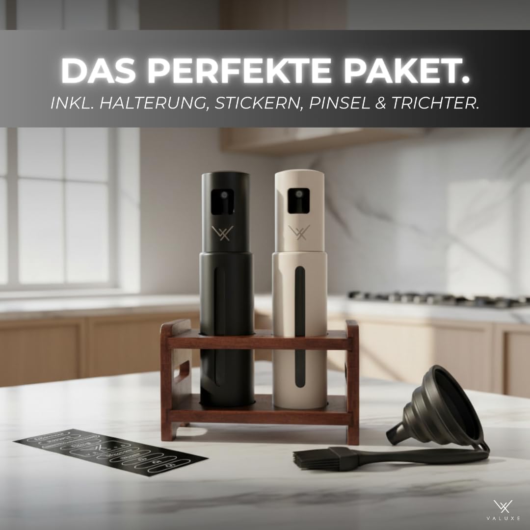 VALUXE® Ölsprüher für Speiseöl & Essig mit UV-Edelstahlmantel & Sprühfilter - Edelstahl Öl-Sprühflas