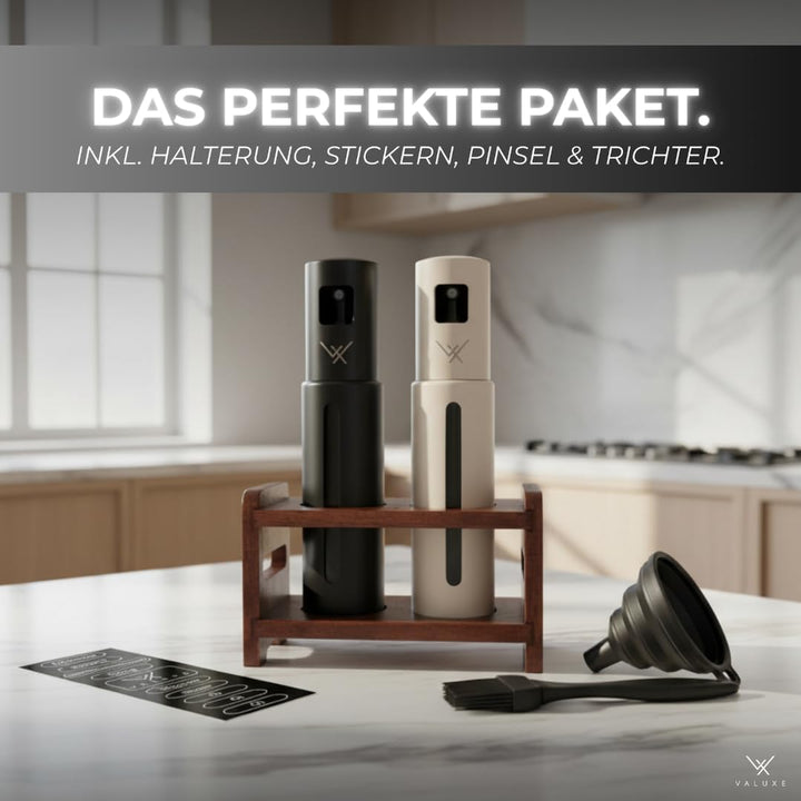 VALUXE® Ölsprüher für Speiseöl & Essig mit UV-Edelstahlmantel & Sprühfilter - Edelstahl Öl-Sprühflas