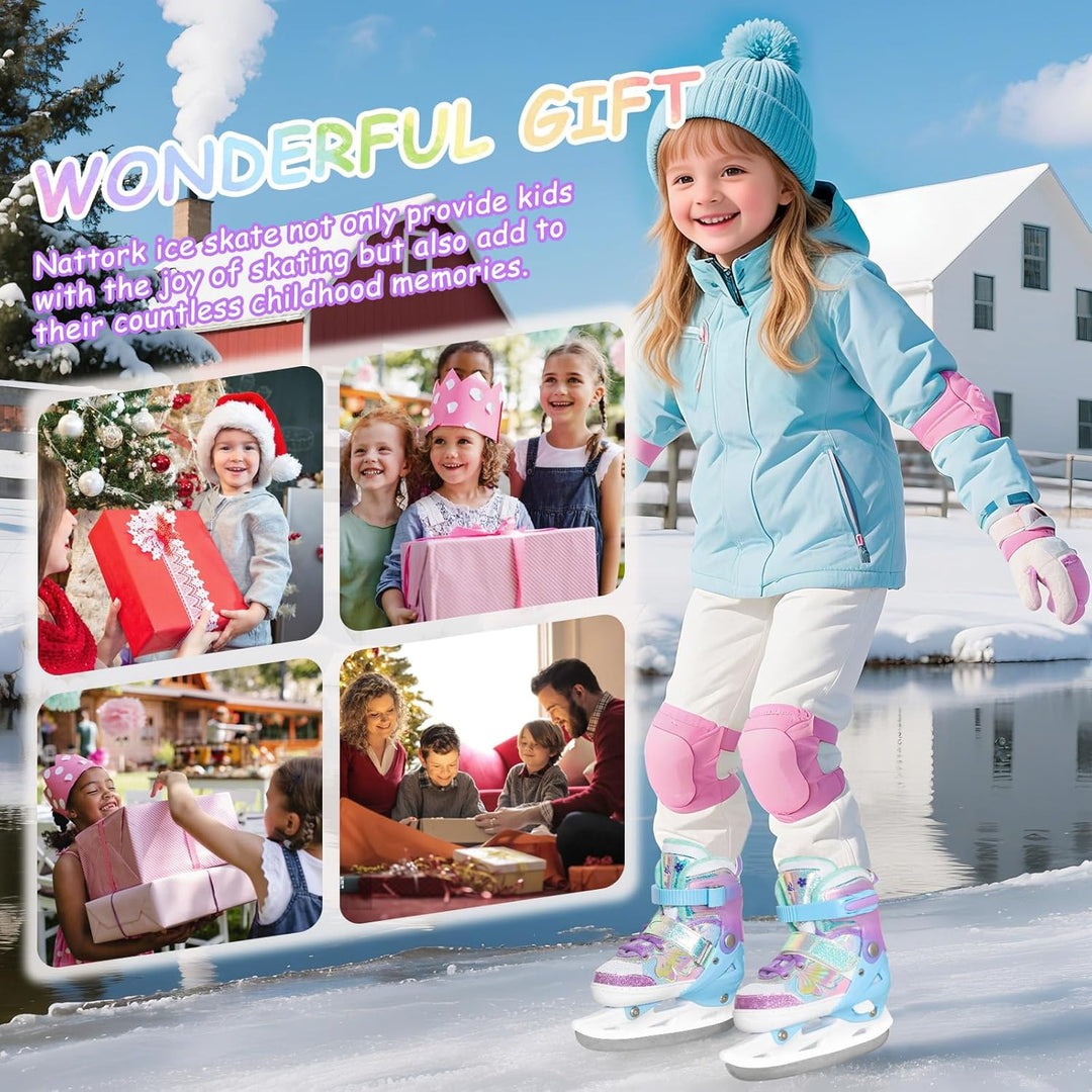 Nattork Mädchen-Eislaufschuhe für Kinder, 4-Fach verstellbar, Butterfly-Eislaufschuhe mit Fleecefutt