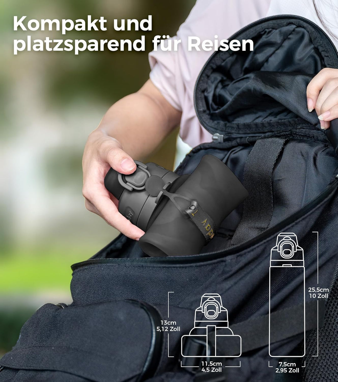 TakeToday Faltbare Trinkflasche 600 mL, zusammenklappbare Wasserflasche aus Platin-Silikon mit Stroh