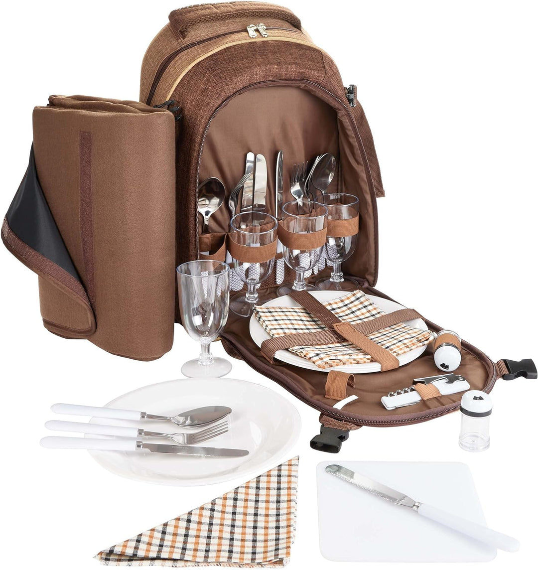 Brubaker Picknickrucksack für 4 Personen Braun 28,5 × 42,5 x 19 cm - inkl. Kühlfach + Fleece-Picknic