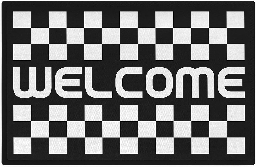 Trendation - Welcome Fussmatte Kariertes Muster Willkommen Geschenk Aussen Innenbereich 60x40 cm Sch
