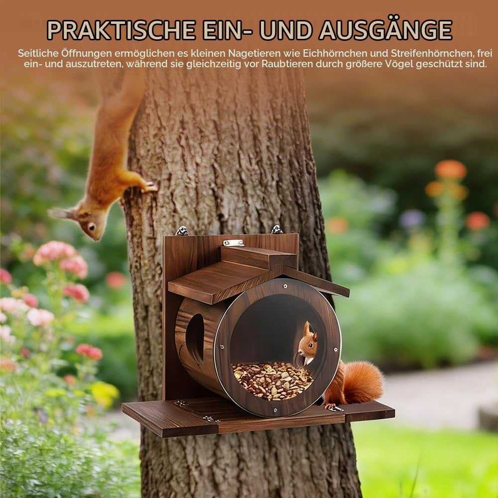 NAVESO Eichhörnchen Futterhaus, Eichhörnchen Haus Wetterfest,Eichhörnchenhaus aus Holz mit Runden Tr