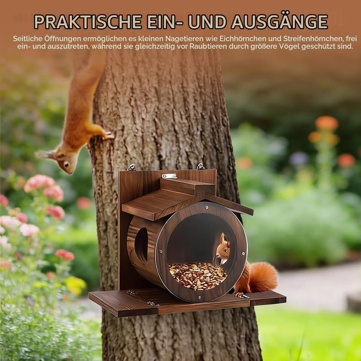 NAVESO Eichhörnchen Futterhaus, Eichhörnchen Haus Wetterfest,Eichhörnchenhaus aus Holz mit Runden Tr