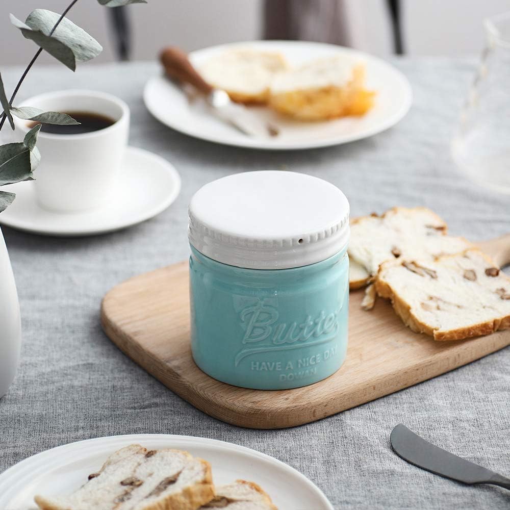 DOWAN Butterdose Keramik, Französische Butterdose mit Deckel, Wassergekühlte Butterdose mit Wasserli