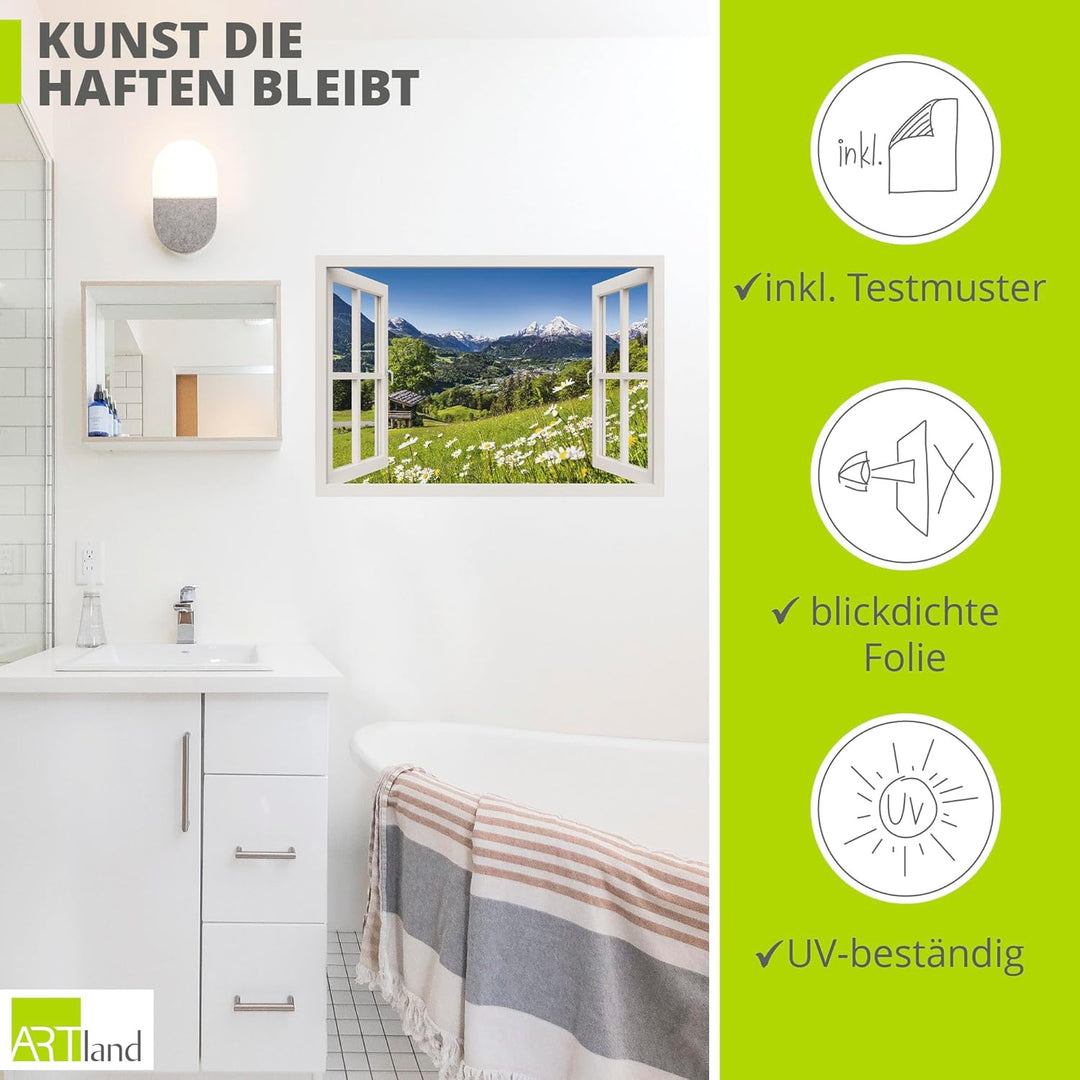 ARTland Wandbild selbstklebend Vinylfolie 100x70 cm Fensterblick Fenster Alpen Landschaft Berge Wald