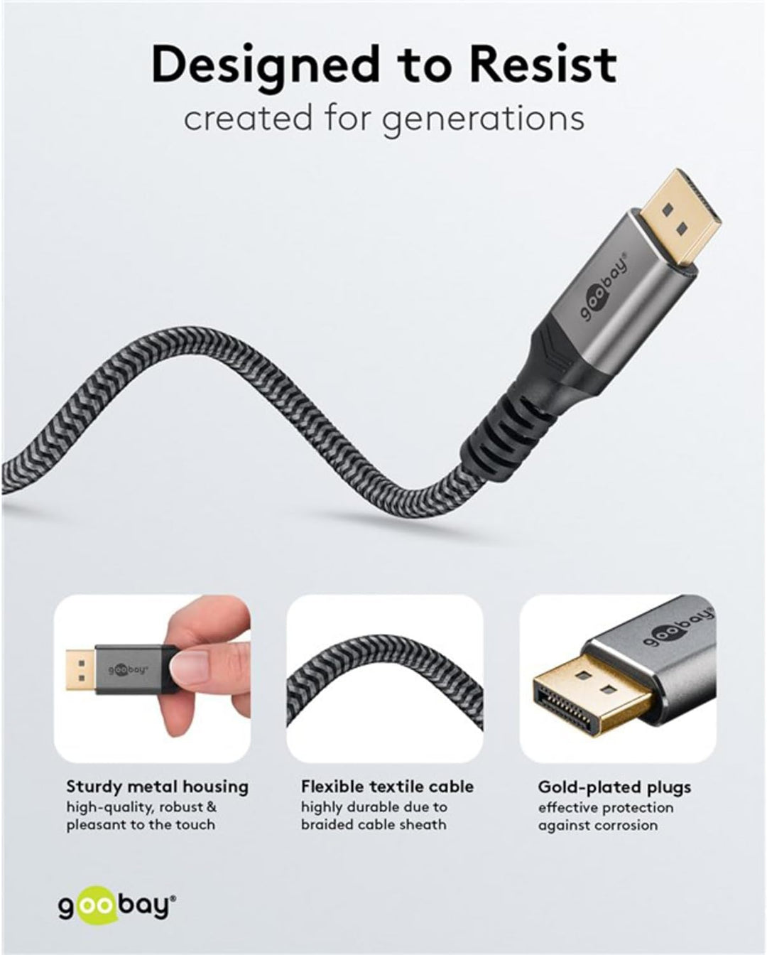 goobay DisplayPort Kabel 2.1-80 Gbit/s, DP-Kabel 16K/60Hz, 10K HDR, 3m - Sharkskin Grey, Metall-Desi