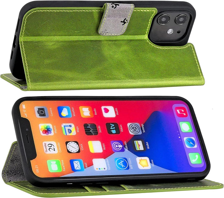 Suncase Book-Style Hülle kompatibel mit iPhone 12 Mini (5.4") Leder Tasche (Slim-Fit) Lederhülle Han