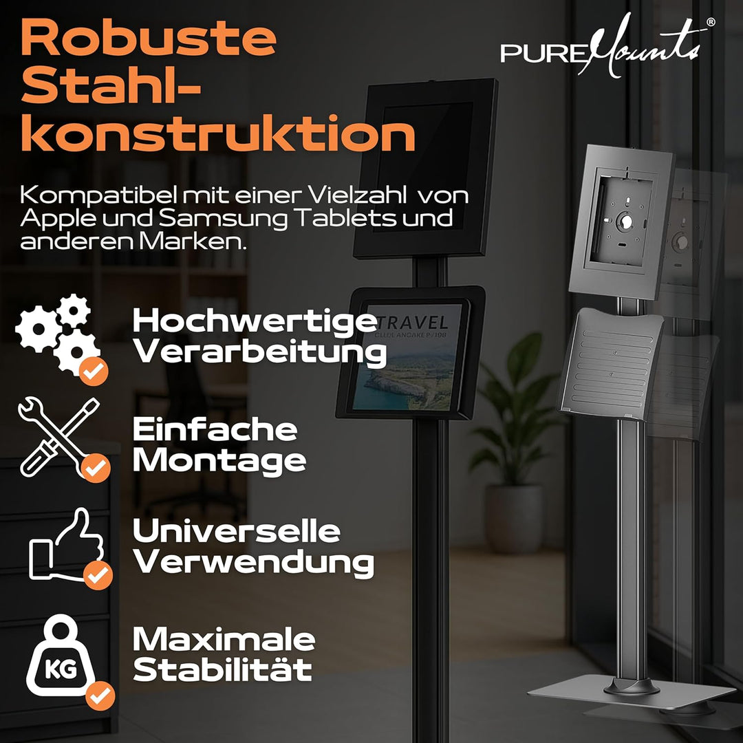 PureMounts® Tablet Halterung mit abschliessbarem Stahlgehäuse für iPad 5/6/7/8/9/ IPad Air 9.7"/ 10.