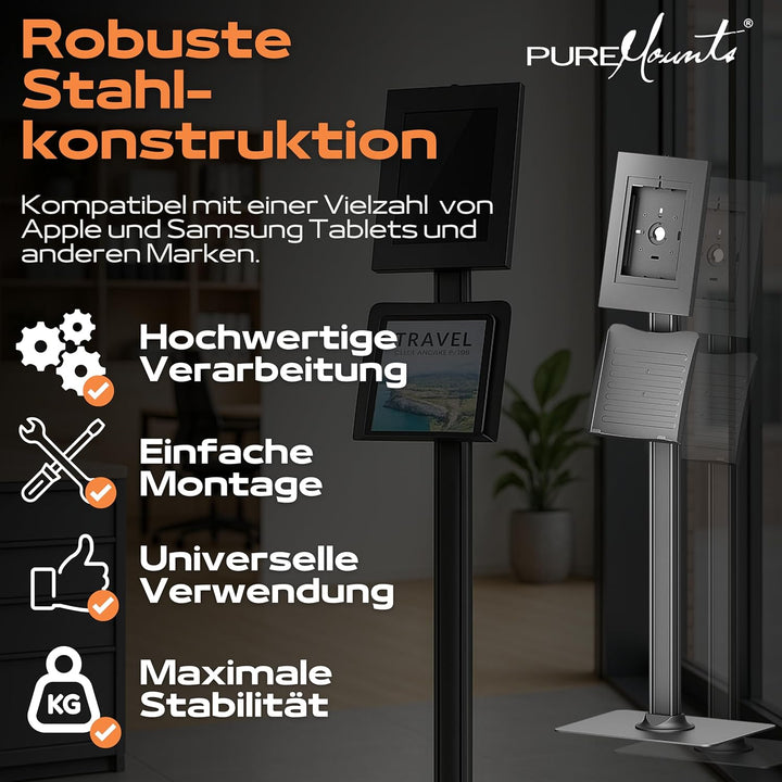 PureMounts® Tablet Halterung mit abschliessbarem Stahlgehäuse für iPad 5/6/7/8/9/ IPad Air 9.7"/ 10.