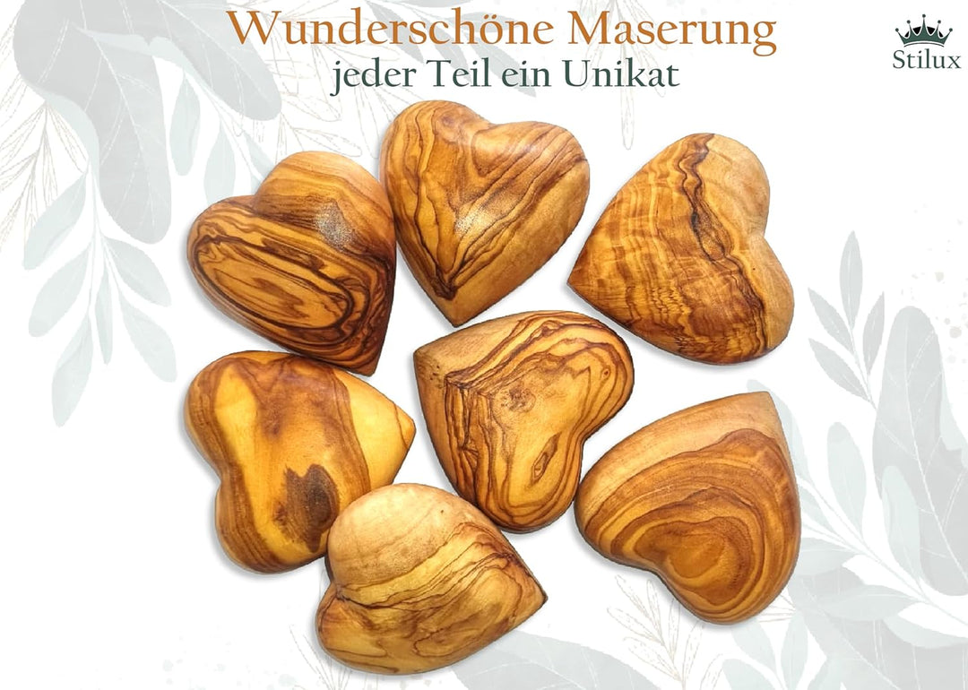 Stilux 2er-Set Herz Handschmeichler aus sehr schön gemasertem Olivenholz 7 cm | Glücksbringer Deko H