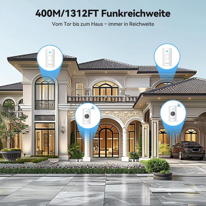 TECKNET Funkklingel, IP67 Türklingel-Set Aussen wasserdicht, 400M Reichweite, Batteriebetrieben mit