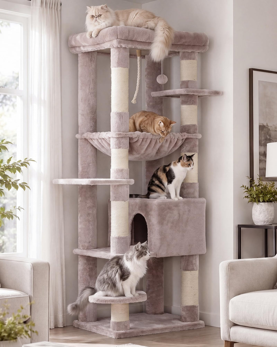 Heybly Kratzbaum, mit Decken, für grosse Katze, Katzenbaum, grosse Plattformen, Höhle, 50 x 50 x 153