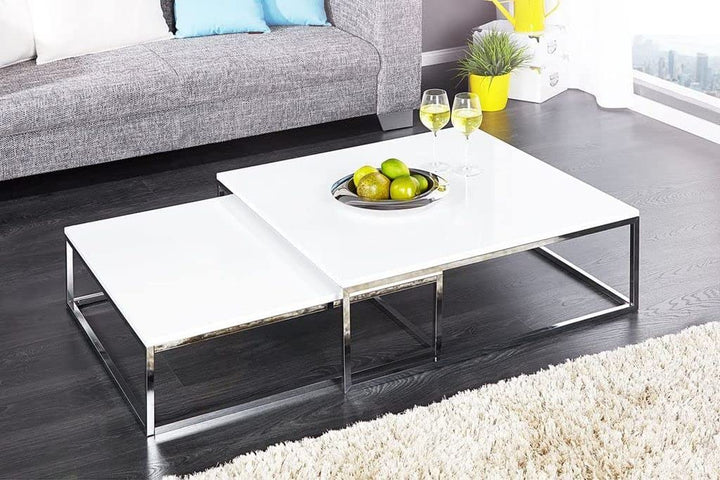 LEBENSwohnART 2er Set Design Couchtisch MENTO Weiss Hochglanz Chromgestell 75/65cm