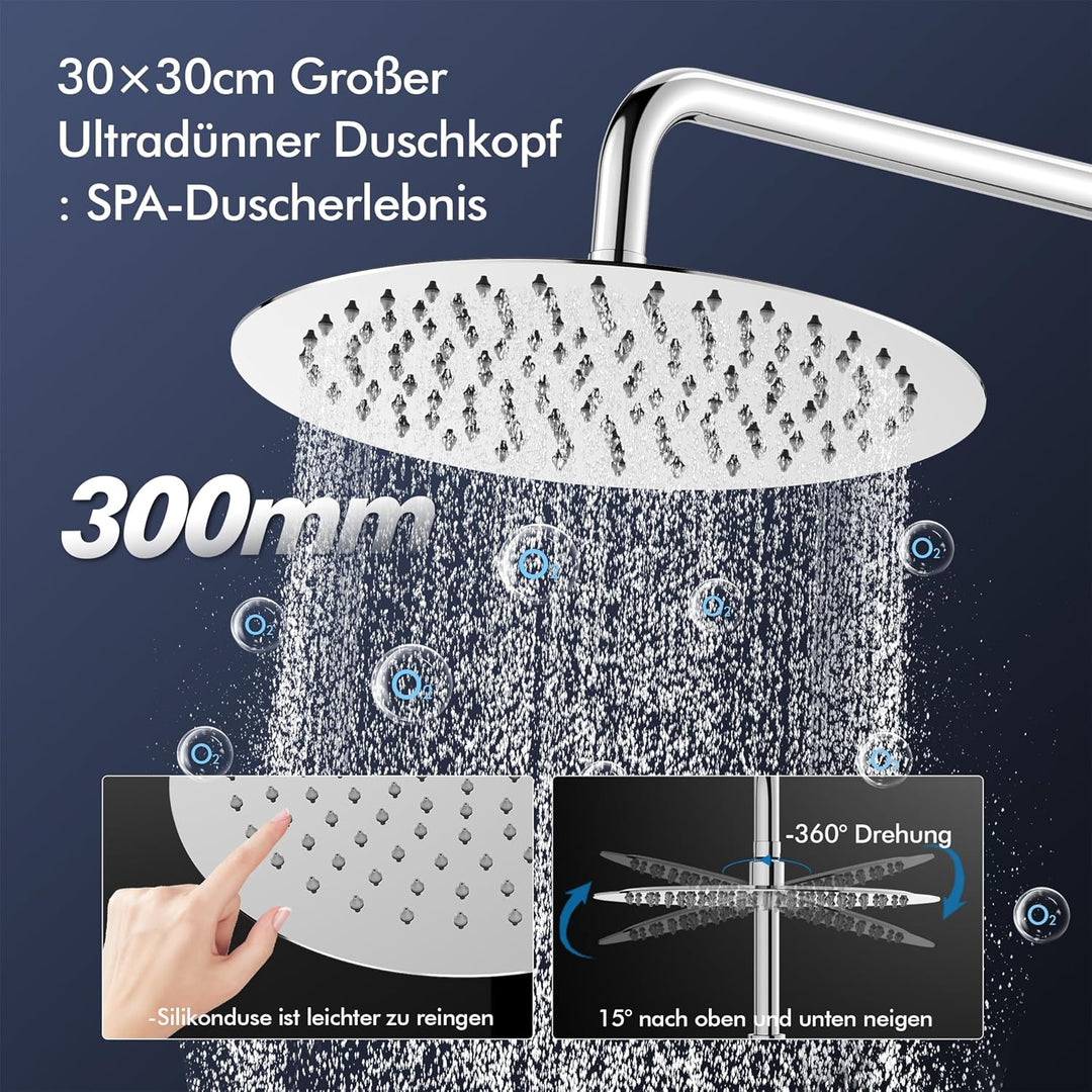 HOMELODY Duschsystem mit Thermostat und Glasablage, Duscharmatur Komplettset mit 30cm Kopfbrause, Hö