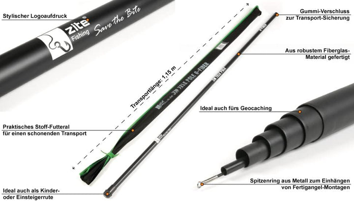 Zite Fishing Stipprute 3-7 m – Teleskoprute Stippe Glasfaser mit Spitzenring – Basic Teleskopangel/F
