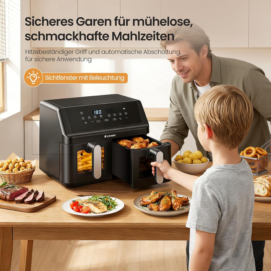 LLIVEKIT 9L Heissluftfritteuse 2 Kammern, Airfryer 2x 4,5L Dual Zone mit 4D Heissluftzirkulation, 95