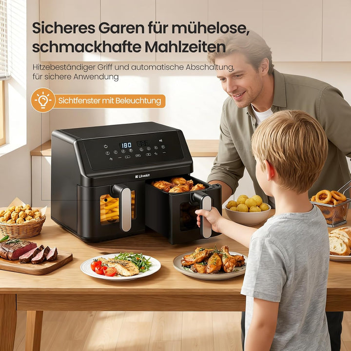 LLIVEKIT 9L Heissluftfritteuse 2 Kammern, Airfryer 2x 4,5L Dual Zone mit 4D Heissluftzirkulation, 95