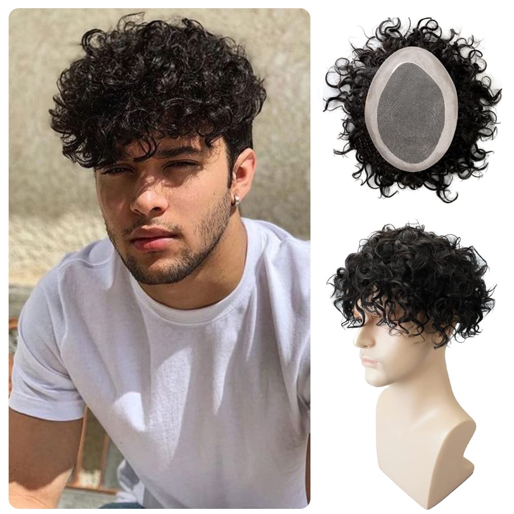 Lordhair Lockige Toupet für Männer, Echthaar-Toupet, Haarersatzsystem(15 * 20CM, Off Schwarz 1B#)