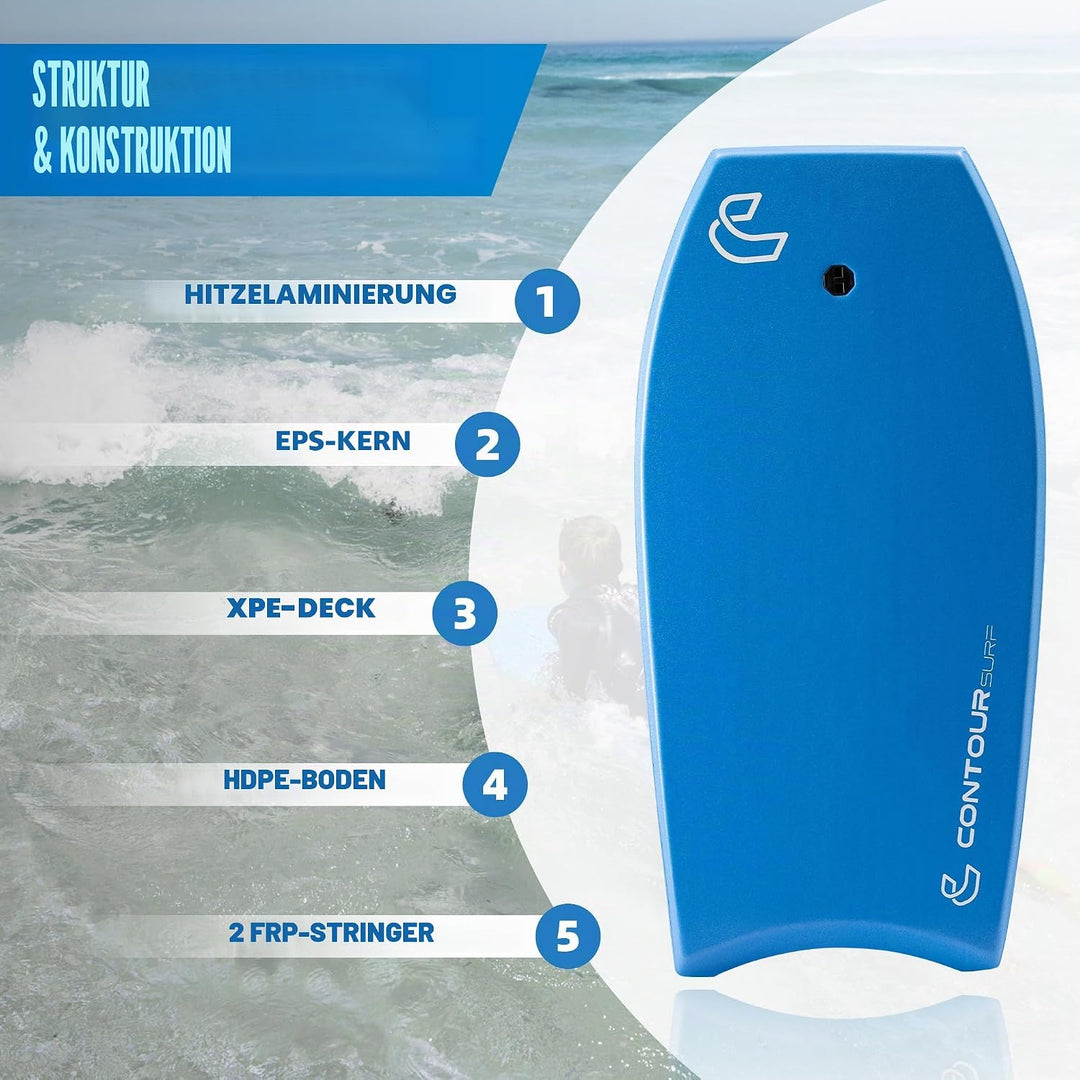 Body Boards for Beach Lightweight Durable Body Board with EPS Core Dual Channel Double Swivel Coiled