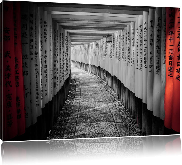 schöner Gebetsgang Japan schwarz/weiss Format: 100x70 auf Leinwand, XXL riesige Bilder fertig gerahm