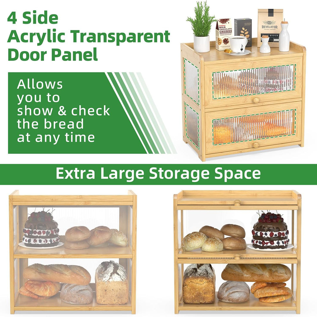 BAMBANG Extragross Bambus Brotkasten für Küchentheke, 2 Stufe Bauernhaus Brotbox, Holz Brotkasten Br