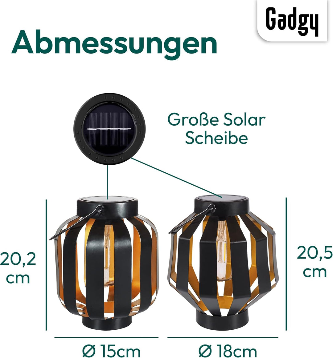 Gadgy Solarlampen für Aussen Hängend | 2 Stück | Schwarz/Gold Metal | Solar-Laternen mit LED-Glühbir