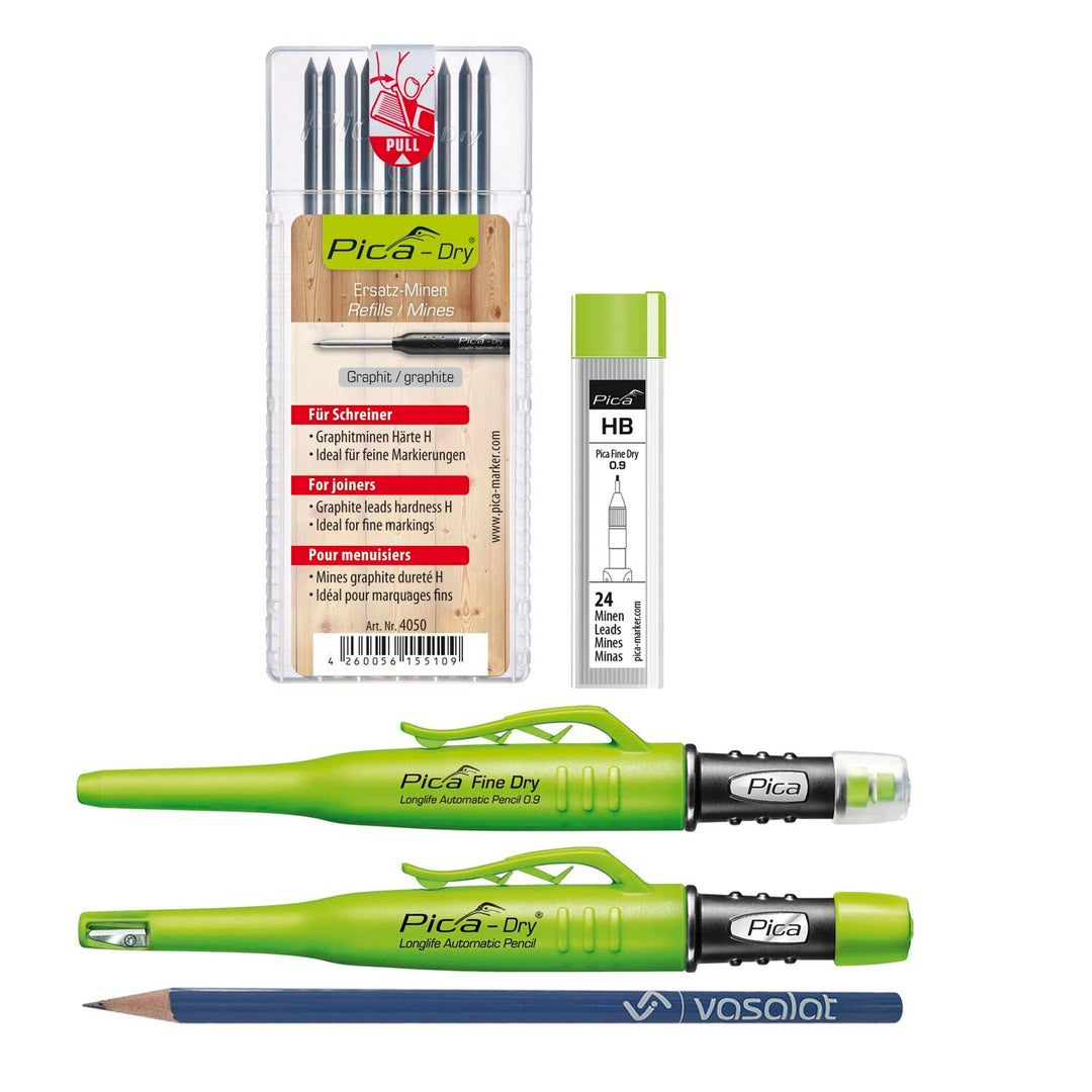 Pica Marker Set - Pica Fine Dry 0.9 + Pica Dry + 10 Stück Ersatzminen graphit Härte H + 24 Stück Ers